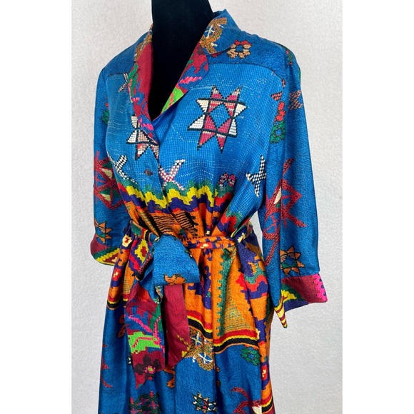 PIERRE-LOUIS MASCIA • Blue/Multi Ethnic 100% Silk Mini Dress - Picture 10 of 16